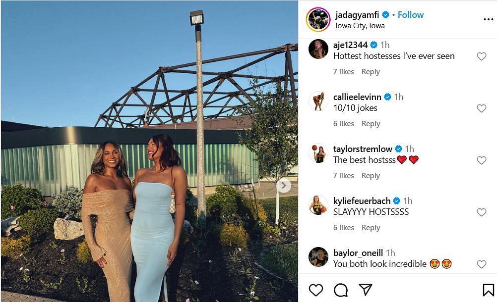 Kylie Feuerbach, Taylor Stremlow and other Iowa players hype Jada Gyamfi's IG post. Image via @jadagyamfi